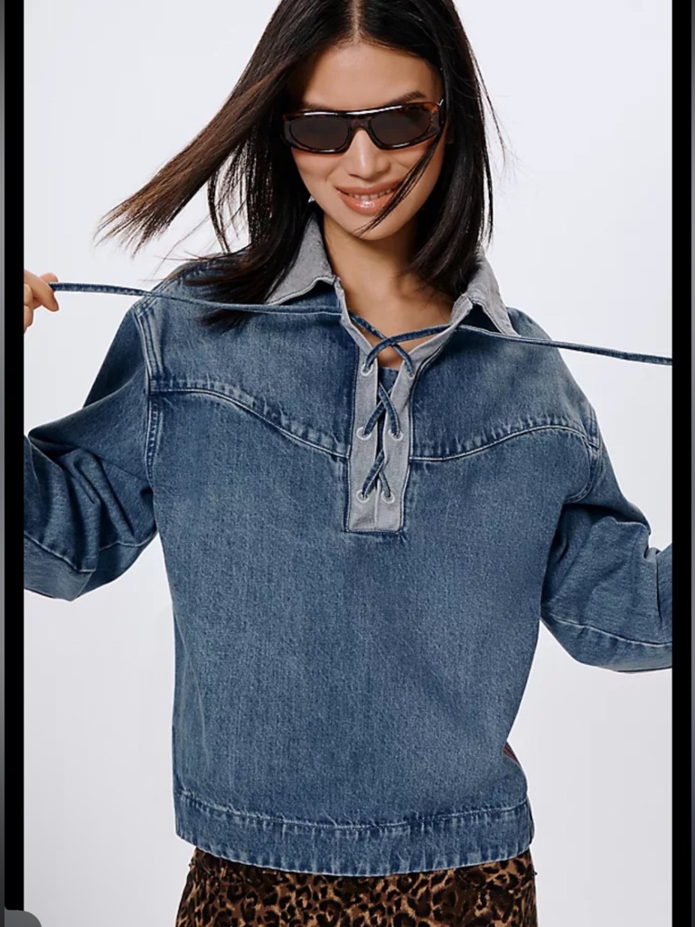 Damson Madder Women's Blue Denim Lace-Up Pullover Jacket - Picture 5 of 6